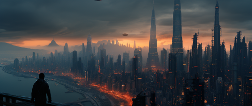 Lonely figure gazing at stormy cityscape Lonely figure gazing at stormy cityscape