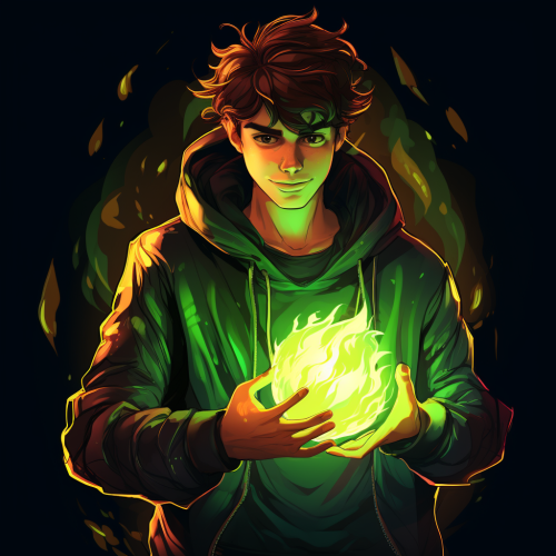 Image of a brown-haired man holding a green flame