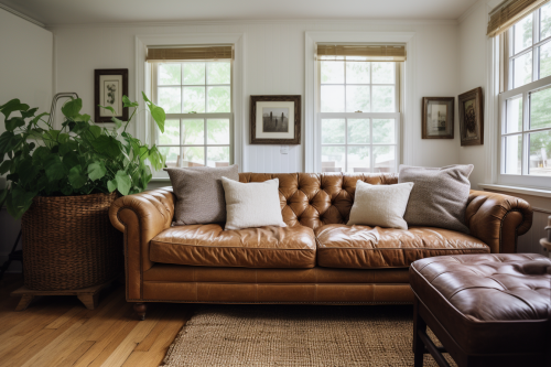 Brown leather couch against white wall