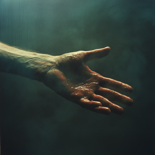 bruised hands in void, limp fingers, soft lighting