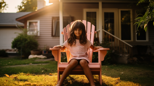 Daughter sitting in pink chair waiving at camera