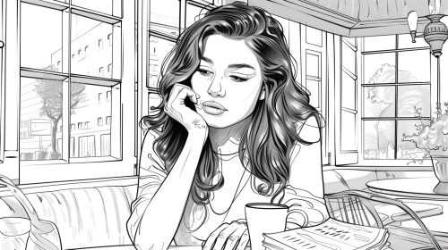 Brunette woman sitting in cafe