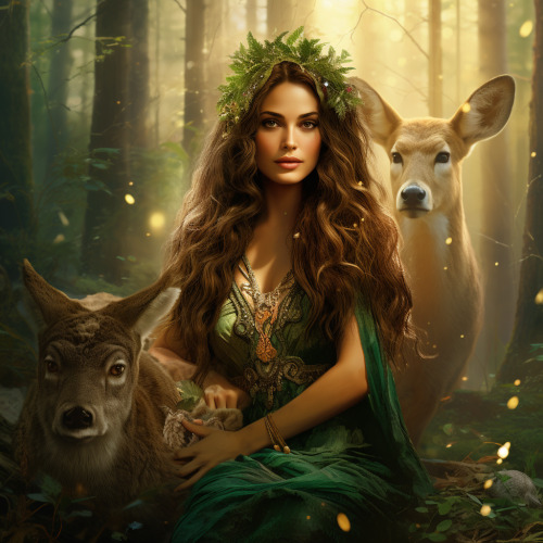 Long-haired brunette woman surrounded by forest animals