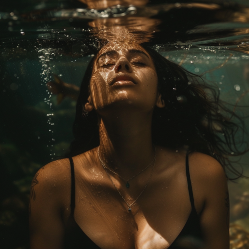 brunette woman underwater breathing gills
