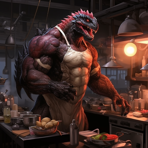 Robotic dinosaur cooking in apron