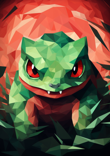 Minimalist Bulbasaur artwork in psychotic cubism style