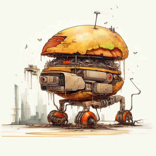Burger robot hiding behind building