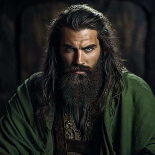 Burly Bearded Man in Green Clothes with Scar