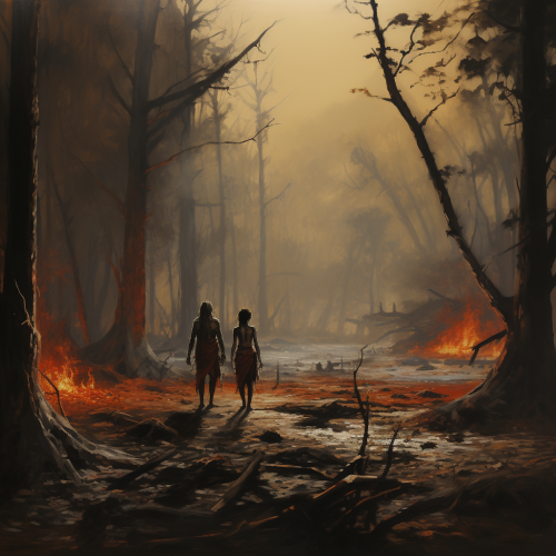 Burned forest with Zulu warriors