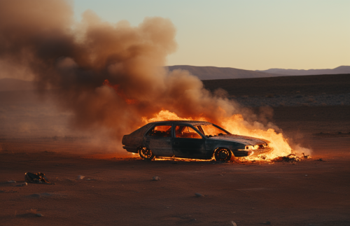 Burned car in desert with flames