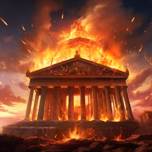 Massive angry gods above burning Arthemis Temple Massive angry gods above burning Arthemis Temple