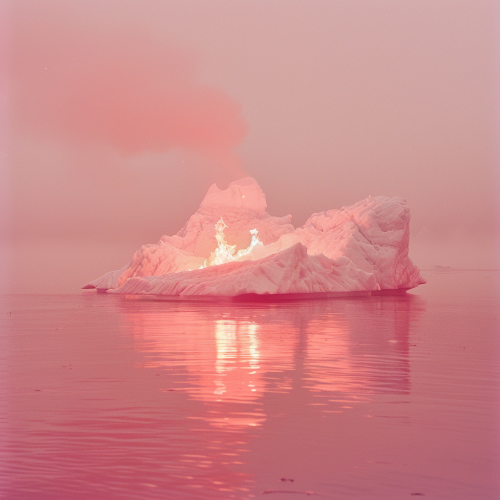 Iceberg on fire in pink lake
