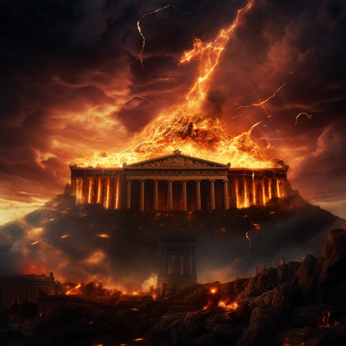 Angry gods in burning temple Angry gods in burning temple