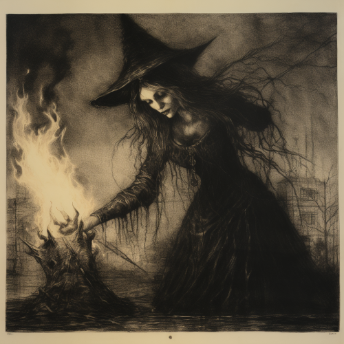 Witch etching in burning flames