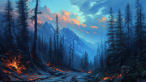 Scenic night view of burnt forest