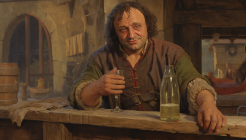 Image of medieval beggar Burt Young in a tavern