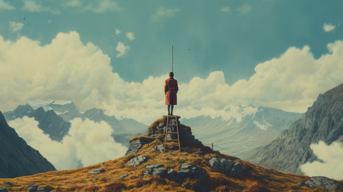 Person in business suit listening on mountain Person in business suit listening on mountain