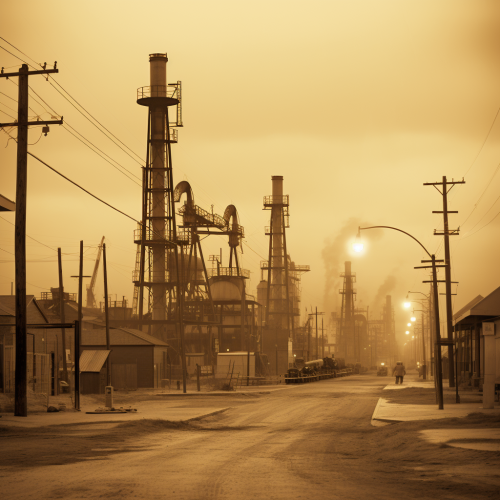 Bustling oil field with derricks Bustling oil field with derricks