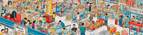 Workers assembling toys in bustling factory scene