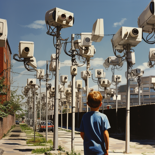 10-year-old boy walks on busy road with CCTV cameras