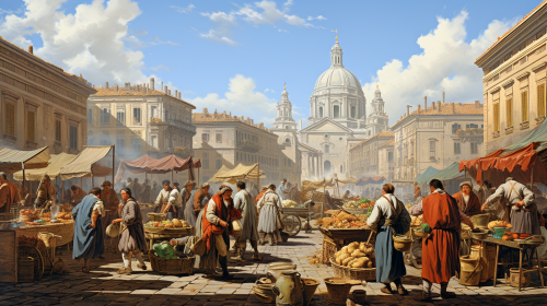 Bustling city square with market stalls and government buildings