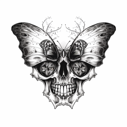 butterfly surrealistic drawing with skull in black and white