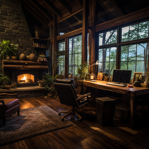 Cozy cabin great room with fireplace and desk area Cozy cabin great room with fireplace and desk area
