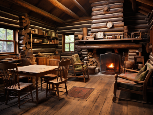 Rustic log cabin with primitive furnishings Rustic log cabin with primitive furnishings