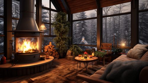Cozy cabin in woods with snow and fireplace Cozy cabin in woods with snow and fireplace