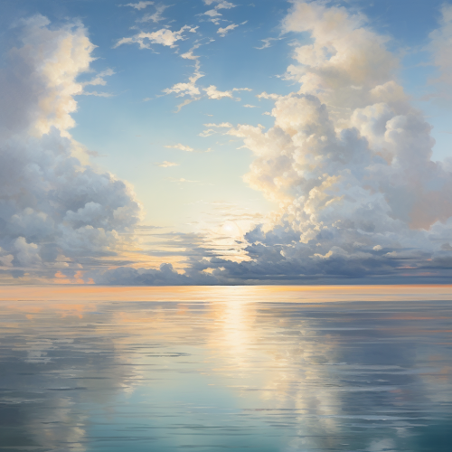 Serene ocean at dawn with buildings