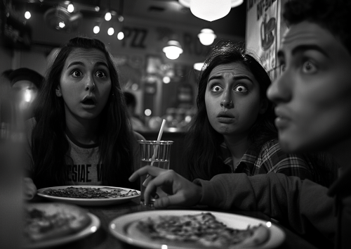 Friends confused during pizza ritual