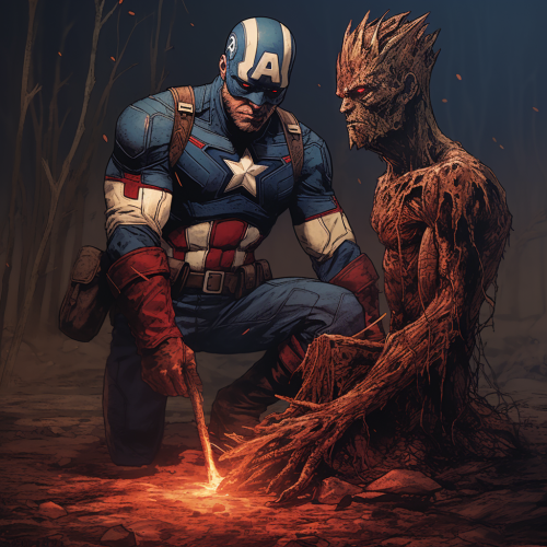 Captain America chopping fire wood with Groot Captain America chopping fire wood with Groot