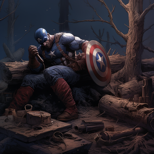 Captain America chopping wood with axe, Groot sleeping Captain America chopping wood with axe, Groot sleeping