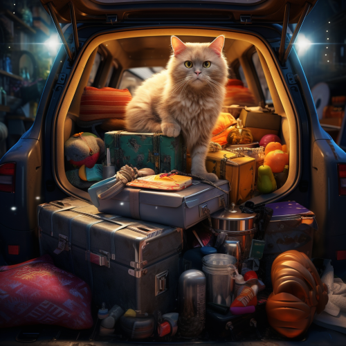 Cat in Car Trunk with Boxes