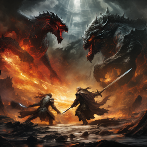 Intense battle between Carcharoth and Hurin