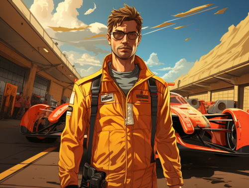 Cartoon race car driver with Formula 1 car