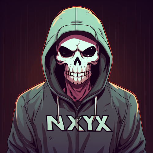 Cartoon skeleton wearing Nyx hoodie