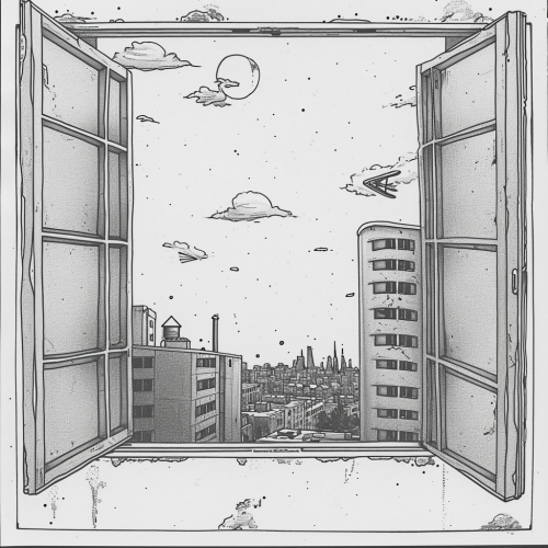 Cartoon tattoo sketch of open window and cityscape