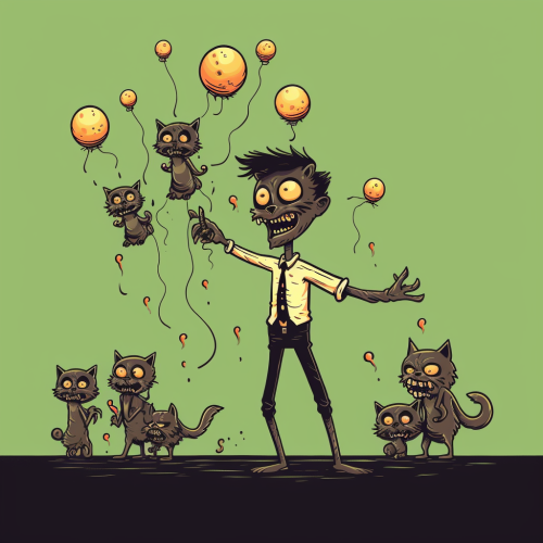 Funny cartoon zombie juggling cats