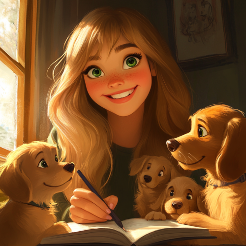 Happy blonde woman writing with puppies