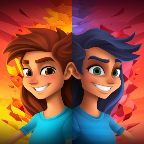 Split Cartoon Avatar Couple with Unique Personalities