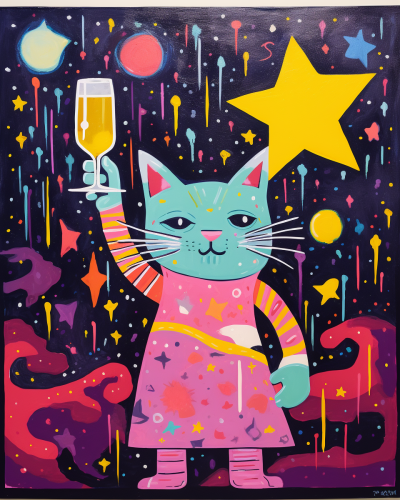 Cartoon cat with wine on disintegrating platform under stars