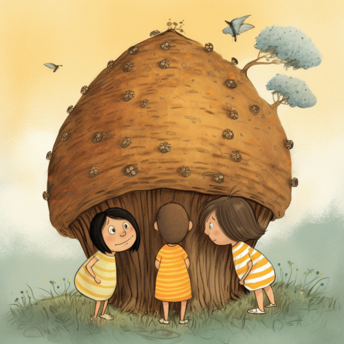 Children captivated by tree-top bee hive