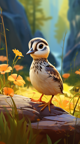Adorable cartoon quail in nature scene