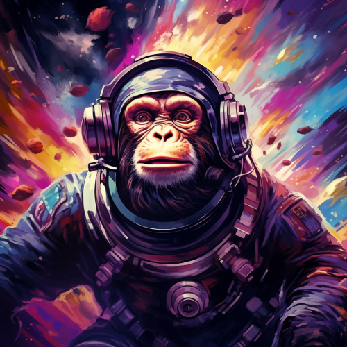 Cartoonish monkey floating in space among galaxies and planets