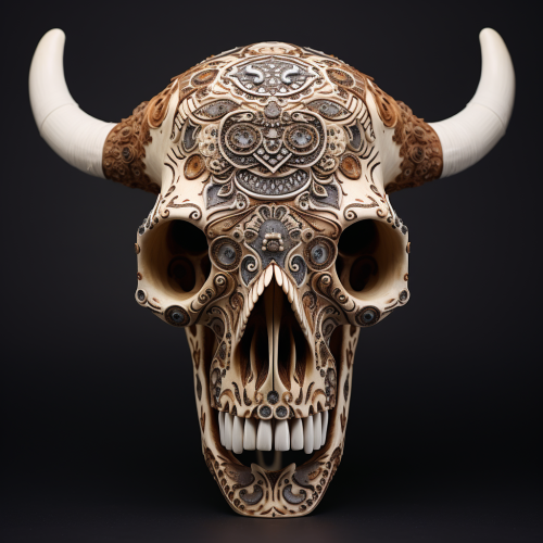 Carved bison skull with henna tattoo-like carvings