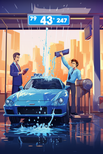 Two men cleaning a shiny car with TV showing up statistics
