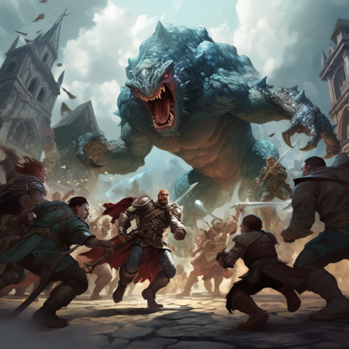 Castlepunk monster attacking adventurers in epic battle