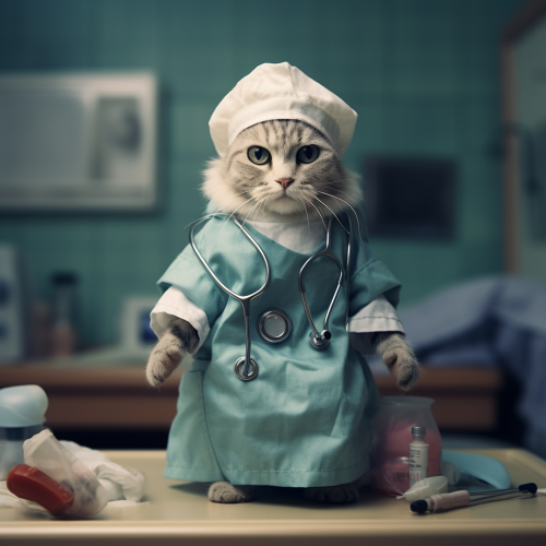 Cat in human clothes working as doctor