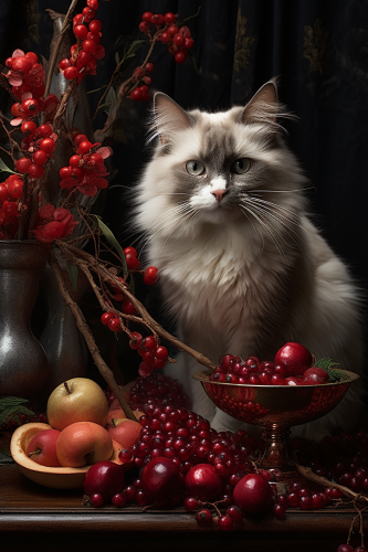 Realistic image of a cat eating cranberries